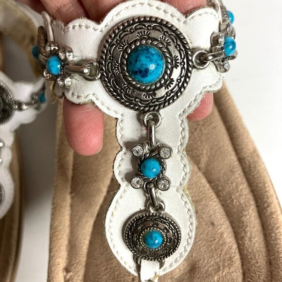 Minnetonka Shoes Women Size 9 Sandals White Leather Silver Faux Turquoise Boho - Picture 2 of 13
